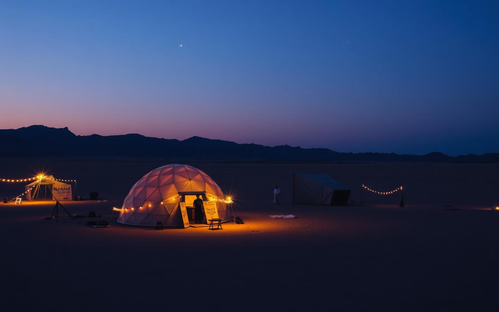 Geodesic dome glowing at dusk in the desert