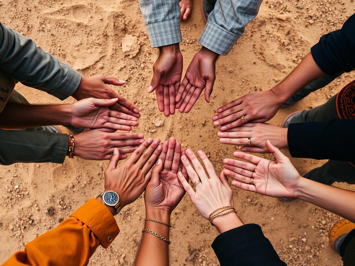 A circle of hands meeting in the desert